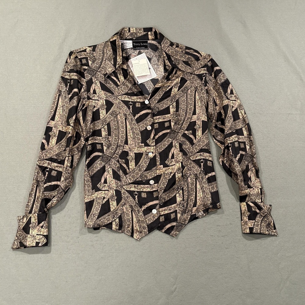 Vintage 100% Silk Blouse Womens M Terry Lewis Dagger Collar Waistcoat Hem NOS